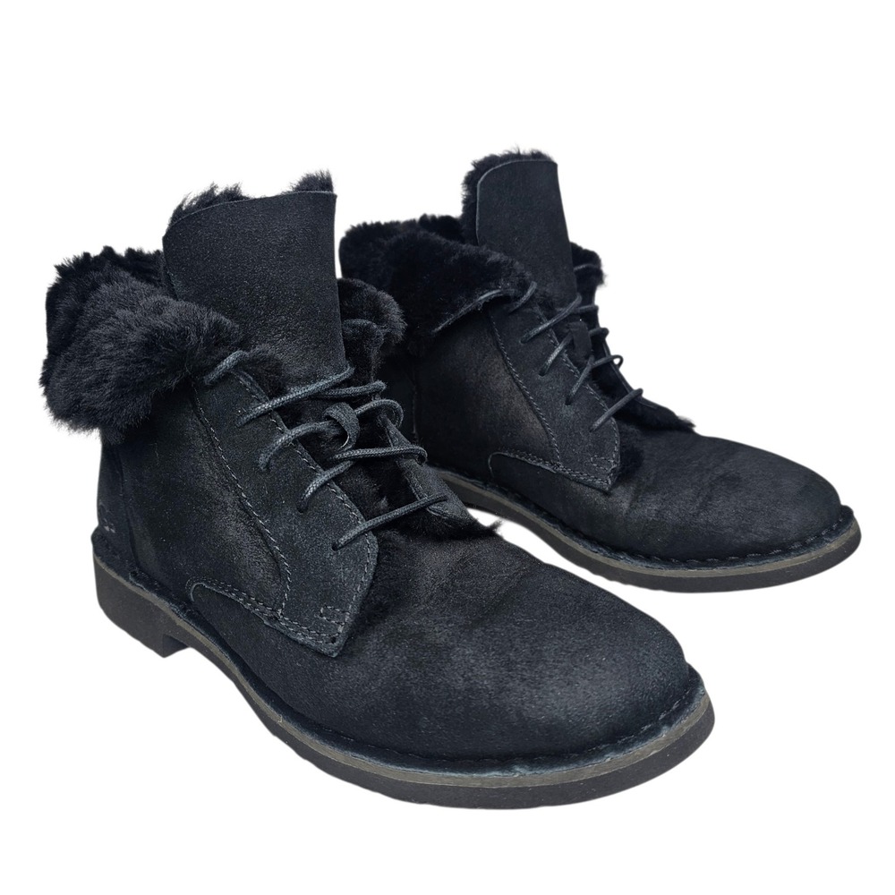 UGG Quincy Womens 7.5 Black Suede Shearling Lace Up Ankle Boots 1012359